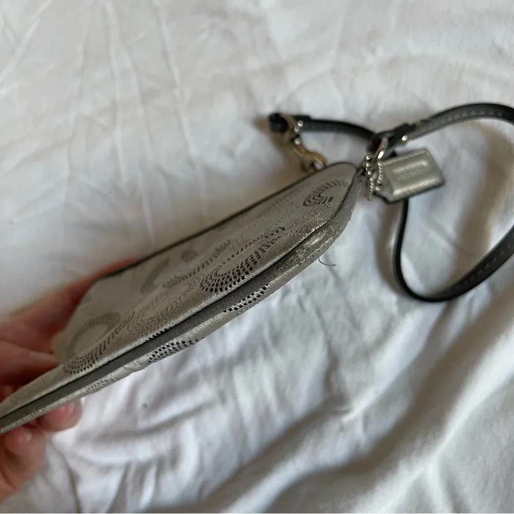Coach Silver Gray Zip Wristlet Pouch Monogram Keychain - Picture 3 of 5